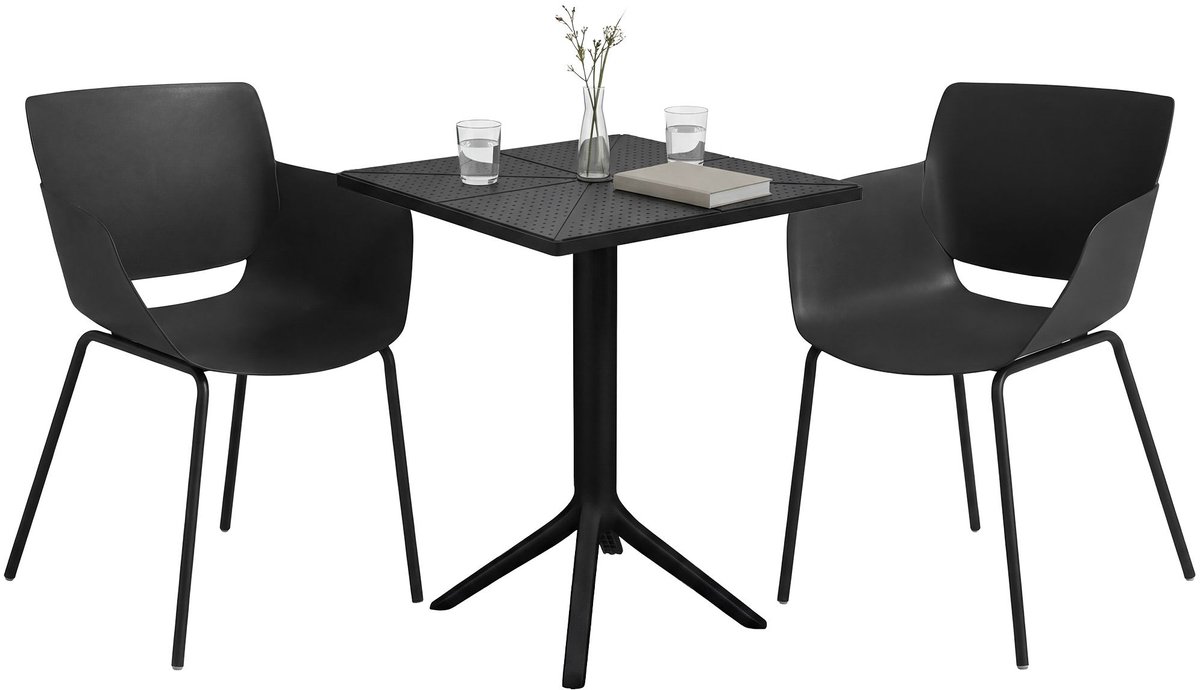 CLP Norva tuinmeubelset - 2 loungestoelen - vierkante tafel - weerbestendige balkonset - voor terras en tuin - zwart