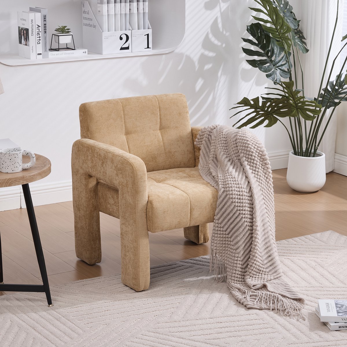 Chenille fauteuil - relaxstoel, met armleuningen en rugleuning, 69x67x74 cm, ergonomische ondersteuning, Scandinavische stijl- Geel