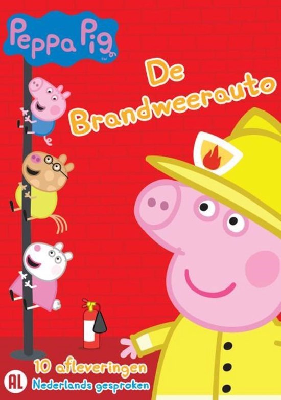 Peppa Pig De Brandweerauto DVD cover met Peppa en vriendjes in brandweeruniform. 10 afleveringen Nederlands gesproken.