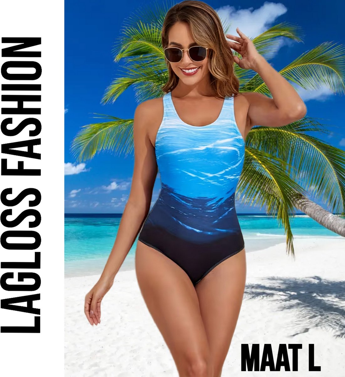 LaGloss ® Eendelig Oceaan Blauw Gradient Badpak Dames – Sportief - Zwempak met Kruisbandjes – Beach Fashion – Strandmode – Zwart