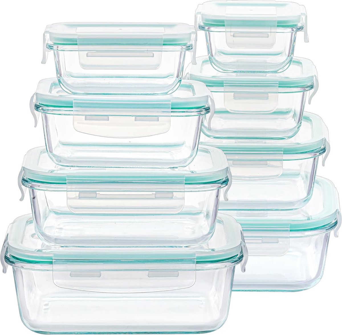 Famanu - 8-pack glazen container voedselopslag, glazen maaltijdbereidingscontainers met deksels, luchtdichte lunchdozen met lekvrije vergrendelingsdeksels, voor magnetron, oven, vriezer en vaatwasser