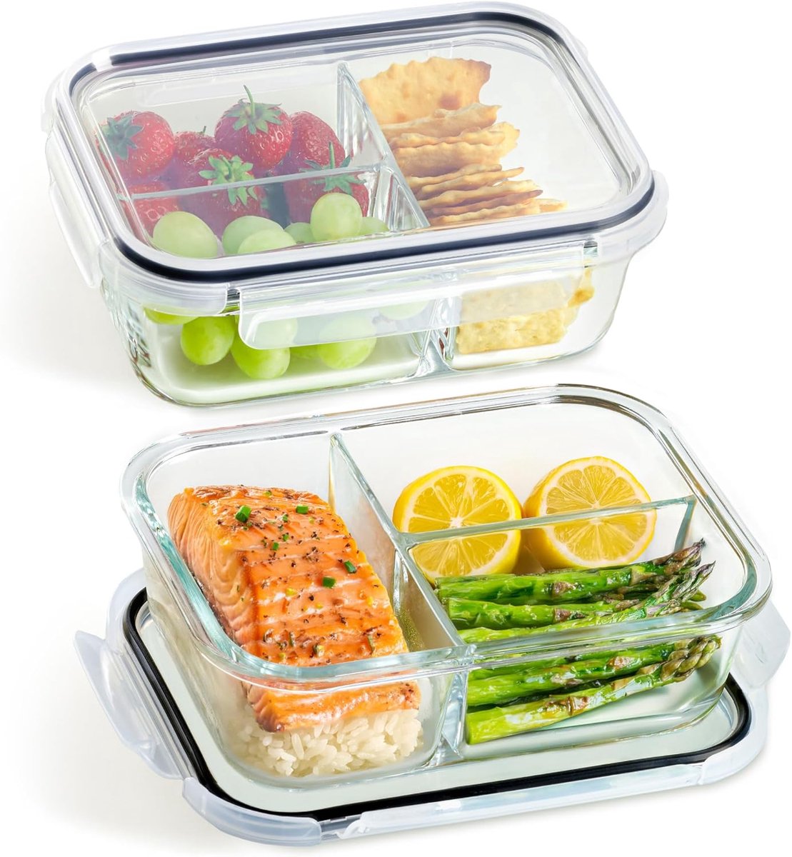 Famanu - Meal prep containers 3 compartiment – set van 2 glazen maaltijdbereidingsdozen 1l – luchtdicht – bpa-vrij – geschikt voor vriezer en magnetron