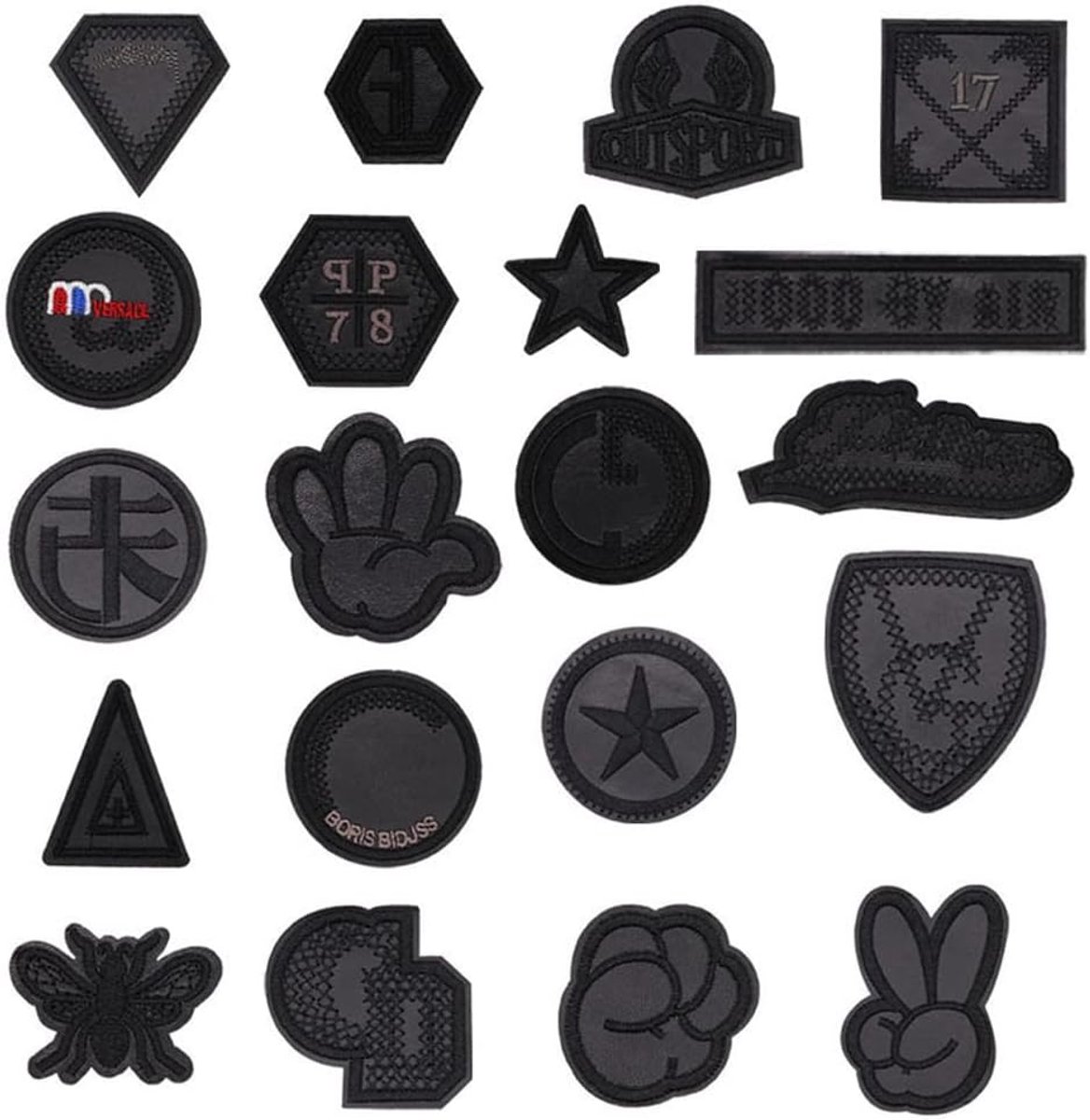 Famanu – Set van 20 zwarte geborduurde opstrijkpatches, badges en applicaties voor kleding – Zwart