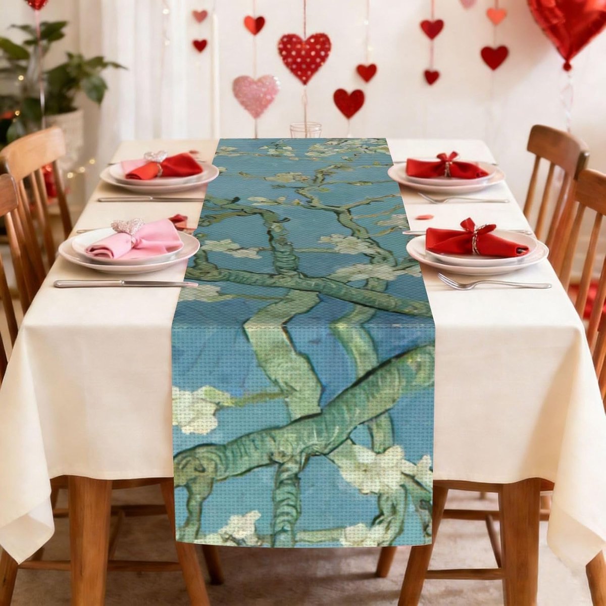 Tafelloper - Linnen runner - Diner decoratie - Kersenbloesem print - 33 x 183 cm - Zwart