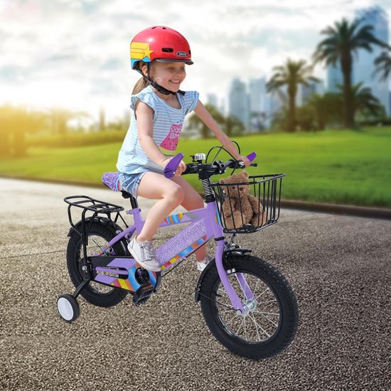 Kinderfiets 14 inch - Meisjesfiets loopfiets - Leren fietsen - Inclusief steunwielen - 14 inch - Paars — afbeelding 5