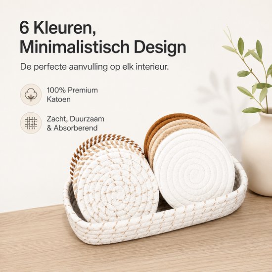 Gevlochten onderzetters in 6 naturel tinten, met de tekst '6 Kleuren, Minimalistisch Design'.