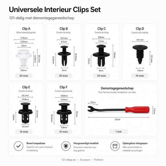 Een set van 121 auto-interieurclips met demontagegereedschap, inclusief afmetingen en aantallen.