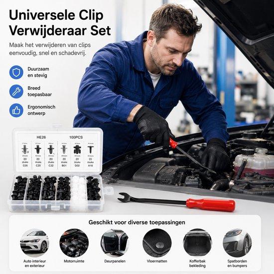 Een monteur gebruikt een clipverwijderaar om clips te verwijderen uit een auto, met voorbeelden van toepassingen.
