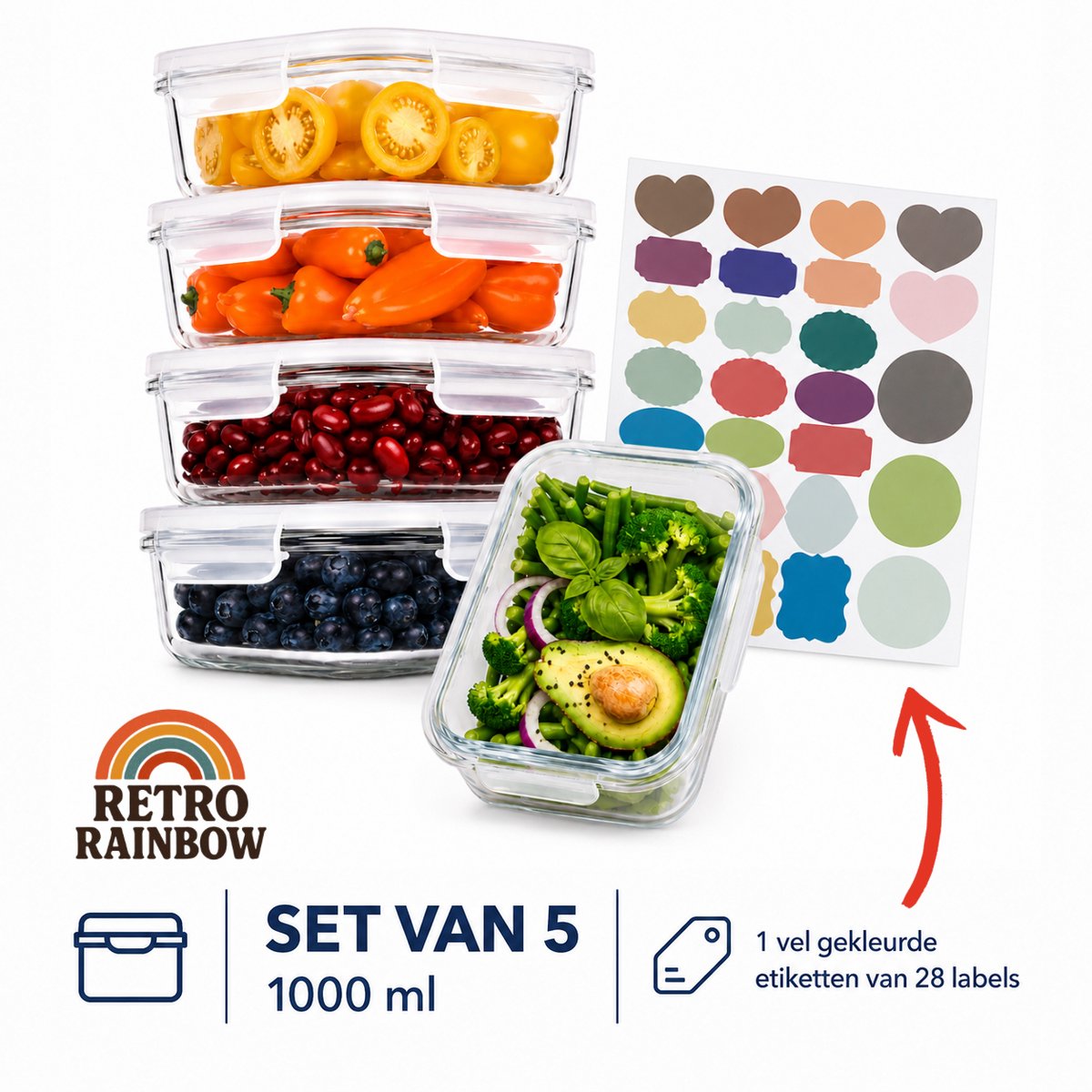 Glazen vershoudbakjes ventieldeksel 1000 ml (5 stuks) enkel vak meal Prep met deksel magnetronbakjes vershouddoos luchtdicht - 19x14x5cm