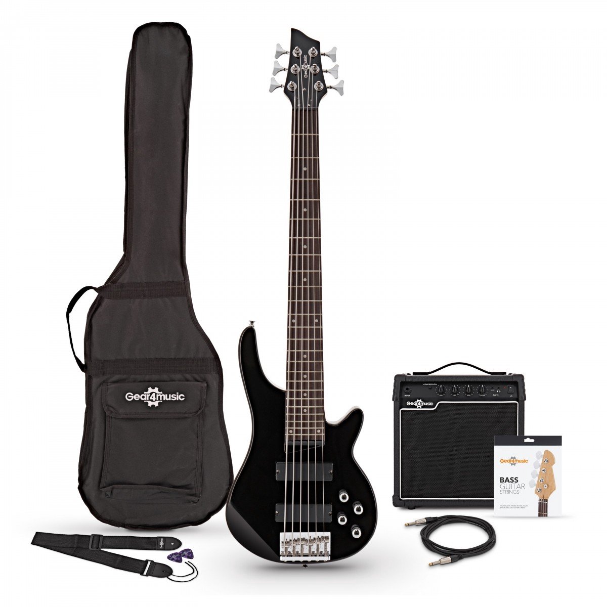 Chicago 6-snarige Basgitaar + 15 W Versterkerpakket, Zwart