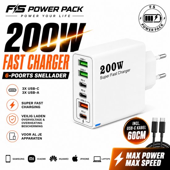 Witte 200W FS Power Pack snellader met 6 poorten (3x USB-C, 3x USB-A).