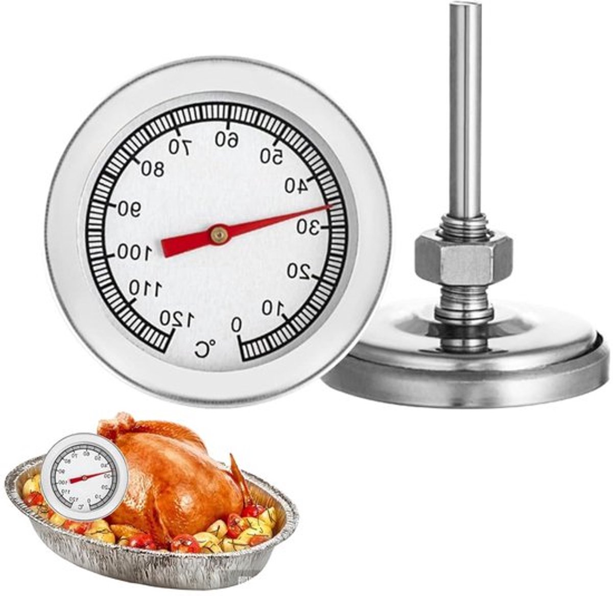 Oventhermometer van roestvrij staal voor koken en BBQ - Temperatuurweergave tot 120 °C - Keukenthermometer voor braadthermometer, grill, rookoven en pizza.