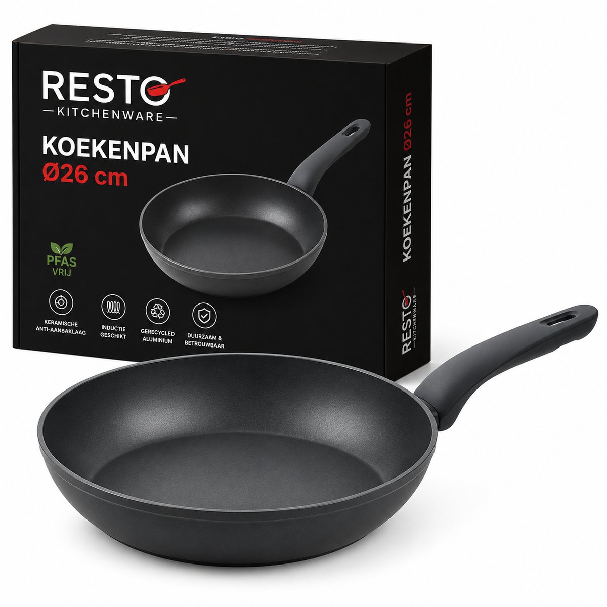 Koekenpan Ø26 cm – Keramische Anti-aanbaklaag (PFLUON anti-aanbaklaag) – Inductie Geschikt – Gerecycled Aluminium – Ergonomische Soft Touch Handgreep – Resto Kitchenware – Zwart