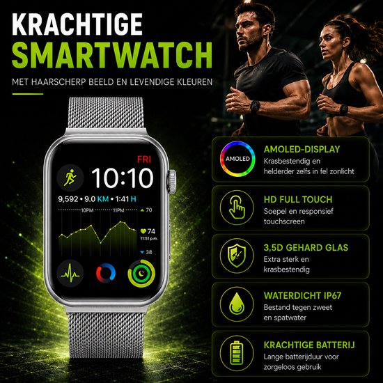 Royal Supplies RF-93 Smartwatch - Smartwatch Heren - Smartwatch Dames - Belfunctie- HD Touchscreen - Horloge - Stappenteller - Bloeddrukmeter - Saturatiemeter - IOS & Android -Screenprotector- Zilver staal