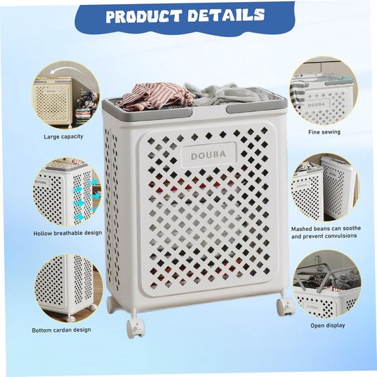 Wasmand Met Wielen - Opvouwbare Mand - Huis Organiseren - Lichtgewicht PP Materiaal - 49 cm Hoog - Wit — afbeelding 3