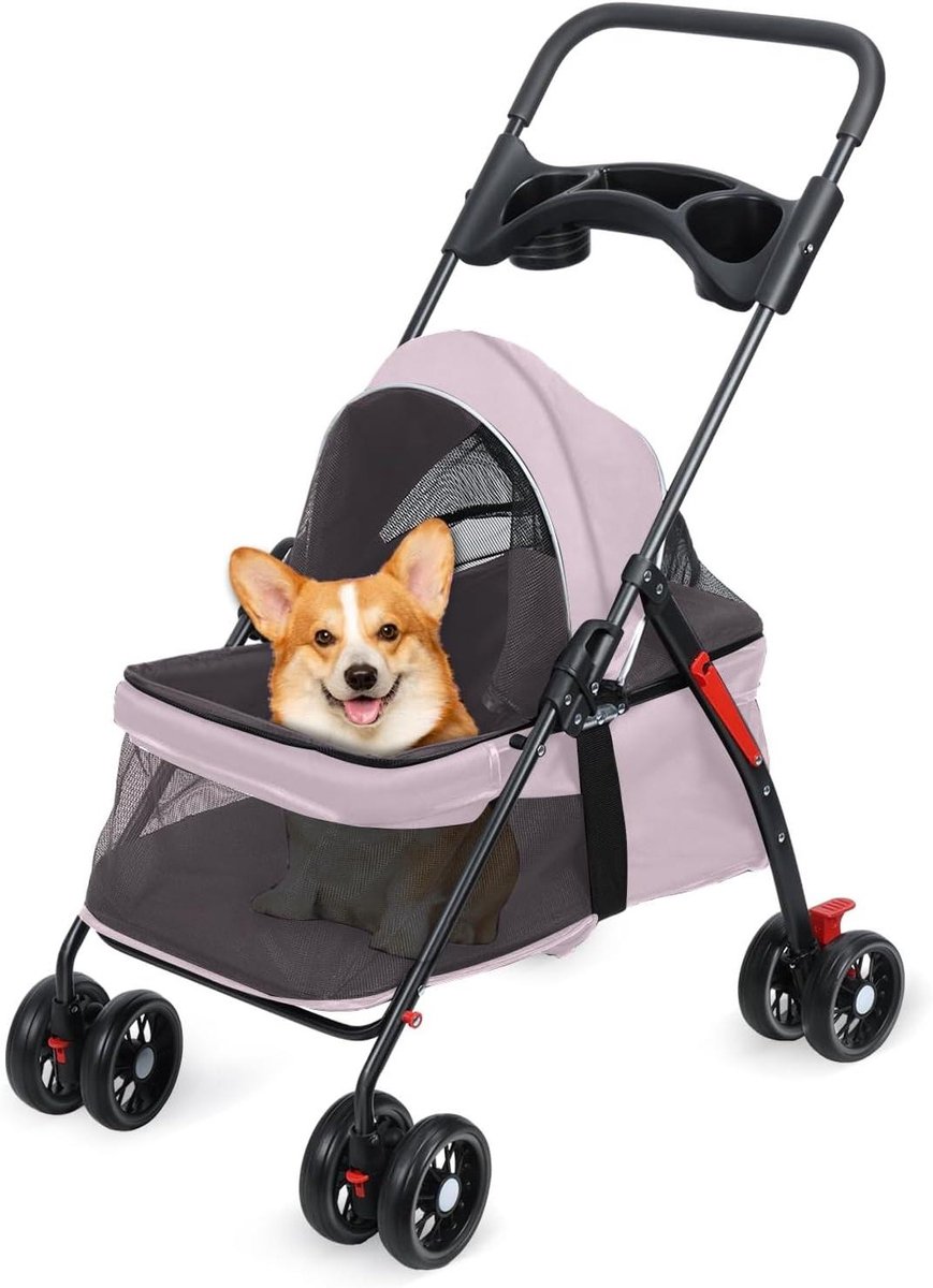 Dierenbuggy - Hondenwagen - Comfortabel Reizen - 360° Zwenkwielen - Tot 10 kg - Roze