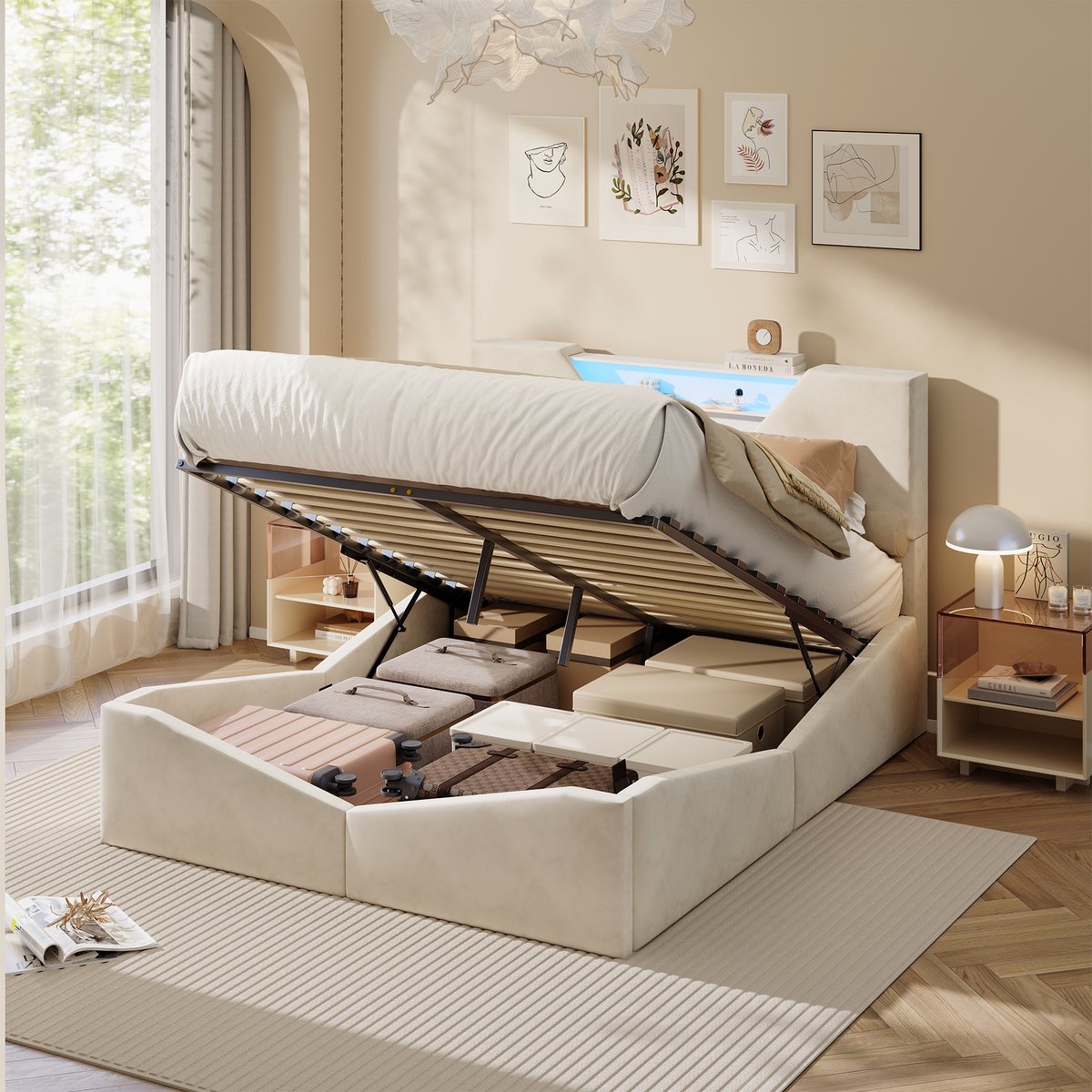 SHOPENTRA Gestoffeerd Bedframe 160x200 cm met Opbergruimte - SHOPENTRA - €235,00