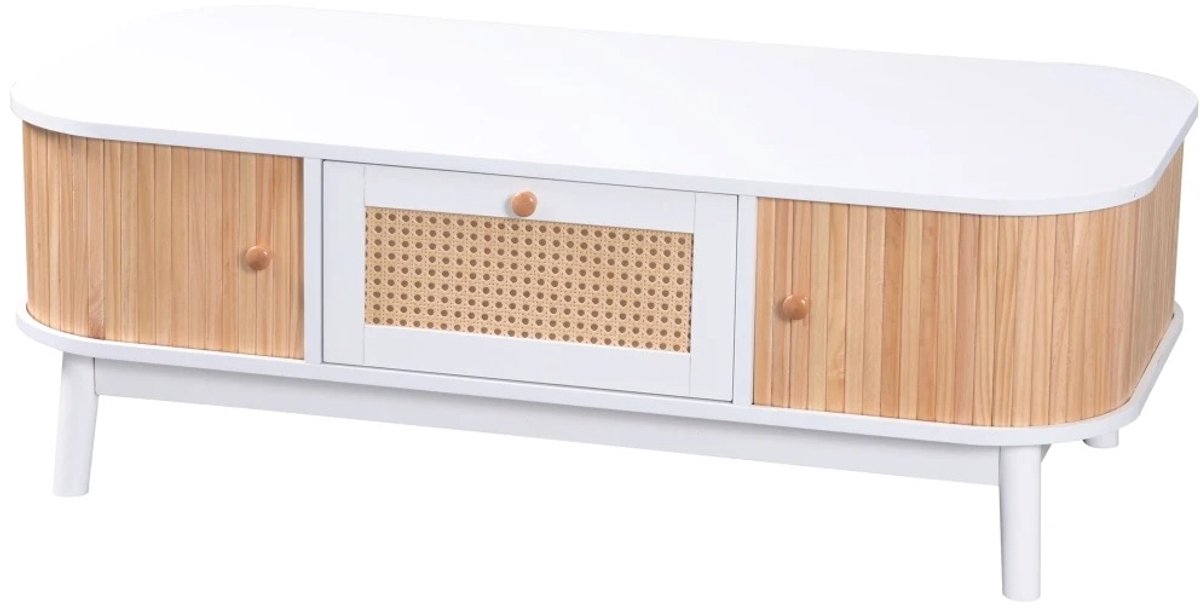 M Goods M-Goods - Salontafel met Opbergruimte - Ovale Koffietafel met Lade en Schuifdeuren - Wit Houtlook