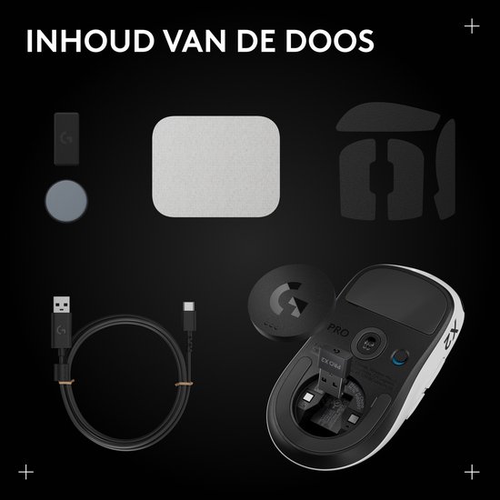 Inhoud van de doos: een witte en zwarte draadloze gamingmuis, USB-C kabel, dongle, accessoires.