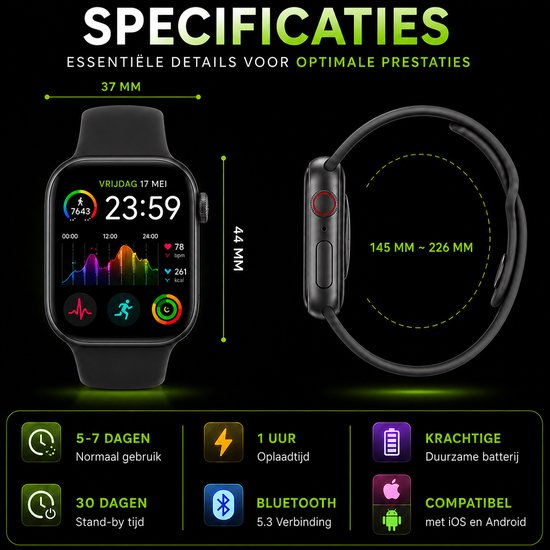 Royal Supplies RF-93 Smartwatch - Smartwatch Heren - Smartwatch Dames - Belfunctie- HD Touchscreen - Horloge - Stappenteller - Bloeddrukmeter - Saturatiemeter - IOS & Android -Screenprotector- Zwart