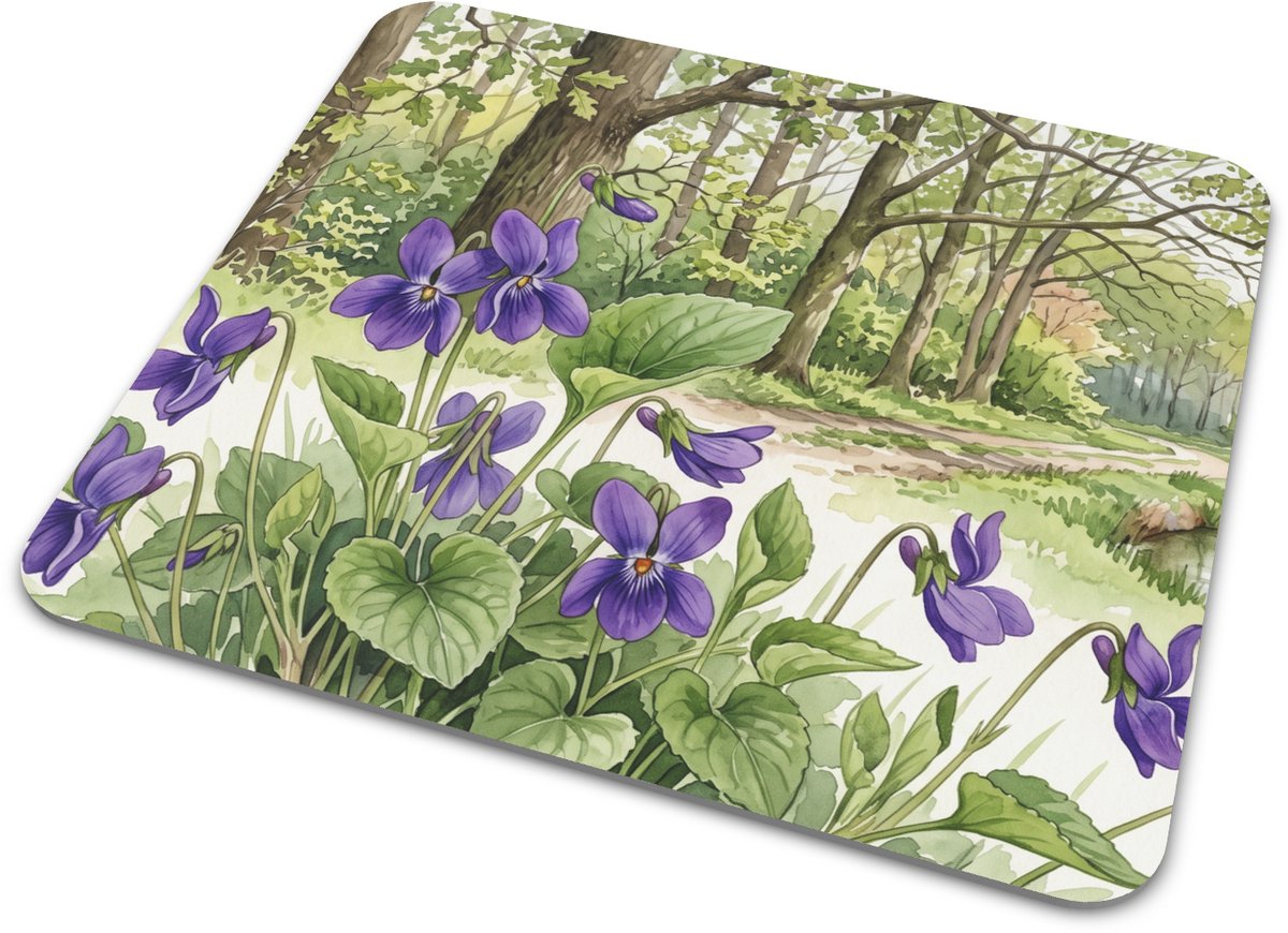 Rechthoekige Muismat - Bosviooltje (Viola riviniana) Langs Bospad - Aquarel Series Botanische Illustratie - Sfeervolle Bureau Accessoire & Thuiswerk Cadeau Voor Tuinliefhebber - 22x20 cm