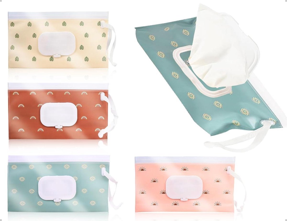 Babydoekjes tas - Vochtige doekjes houder - Onderweg Hygiëne - Opvouwbaar met trekkoord - 4 stuks - Multicolor