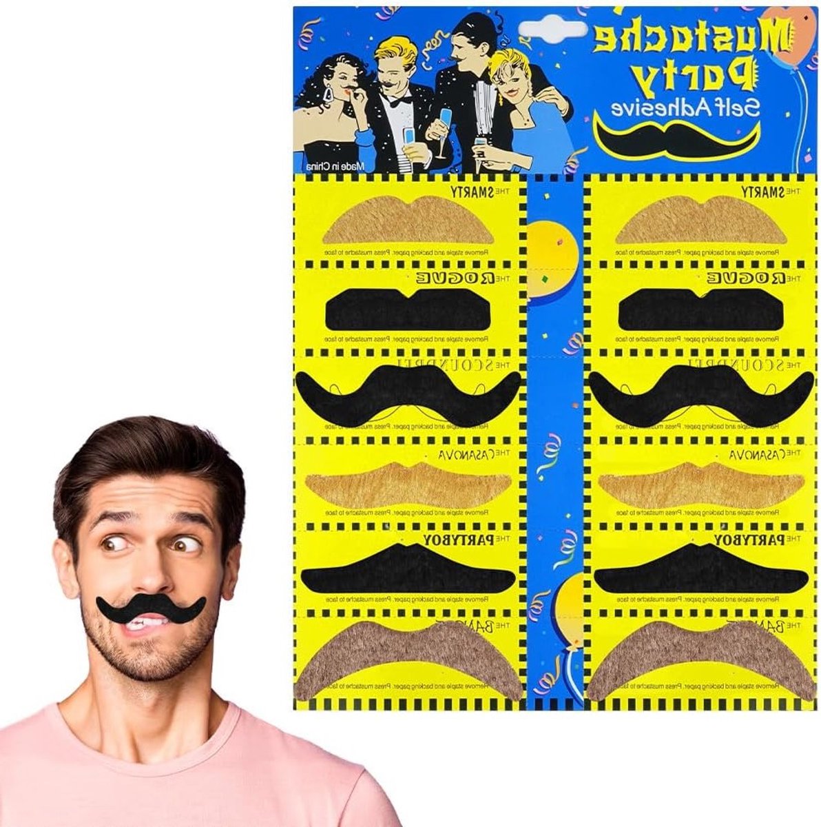 Set van 12/48 Zelfklevende Neppetjes en Snorren voor Feestjes, Verjaardagen en Halloween Kostuums