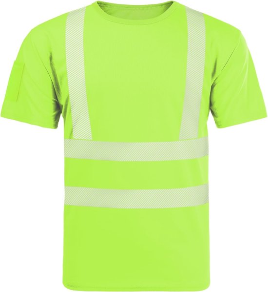 Lichtgroen t-shirt met korte mouwen, met twee horizontale reflecterende strepen op de buik en twee verticale reflecterende strepen over de schouders.