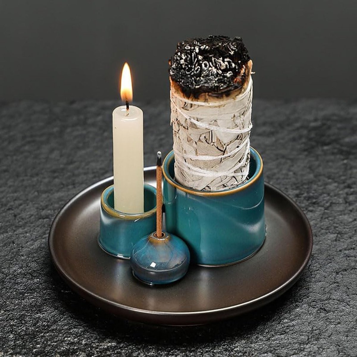 Handgemaakte keramische wierookkom set voor Palo Santo, witte salie en wierookstokjes, asopvangtray voor meditatie en yoga, unieke blauwe design