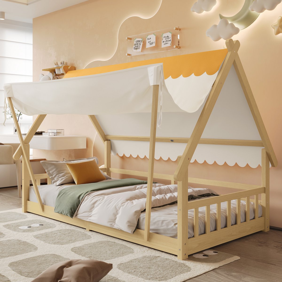 HAUSS SPOLE Bedhuis 90x200cm - Kinderbed Met Afneembare Tent En Veiligheidshek - Vurenhout - Met Lattenrooster - Zonder matras - Wit/Naturel Natuurlijk
