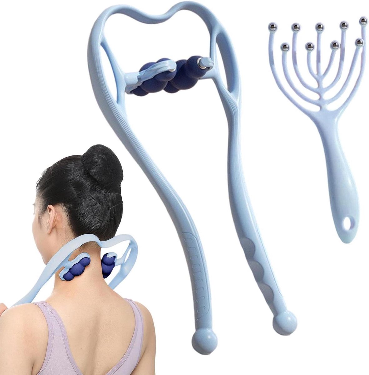 Nekmassageapparaat - Schouderontspanning - Spierontspanning - Zes Roterende Rollen - 37 x 18 cm - Blauw