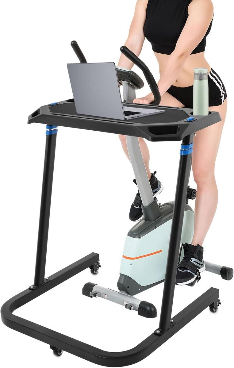 Fietstafel met wielen - Loopband bureau - Actief werken - Ingebouwde bekerhouder - Verstelbaar 87-117cm - Zwart