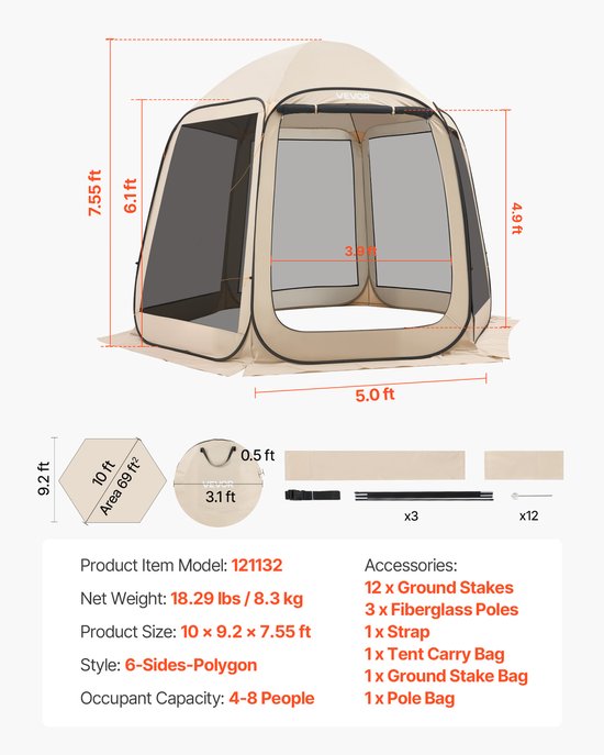 VEVOR Pop-Up Tent, 3304,8 X 280,4 cm, Kampeertent voor 4-8 Personen, Partytent Inclusief Draagtas, Gaaswanden en Haringen, voor Tuin, Terras en Buitenactiviteiten, Beige van Vevor — afbeelding 3