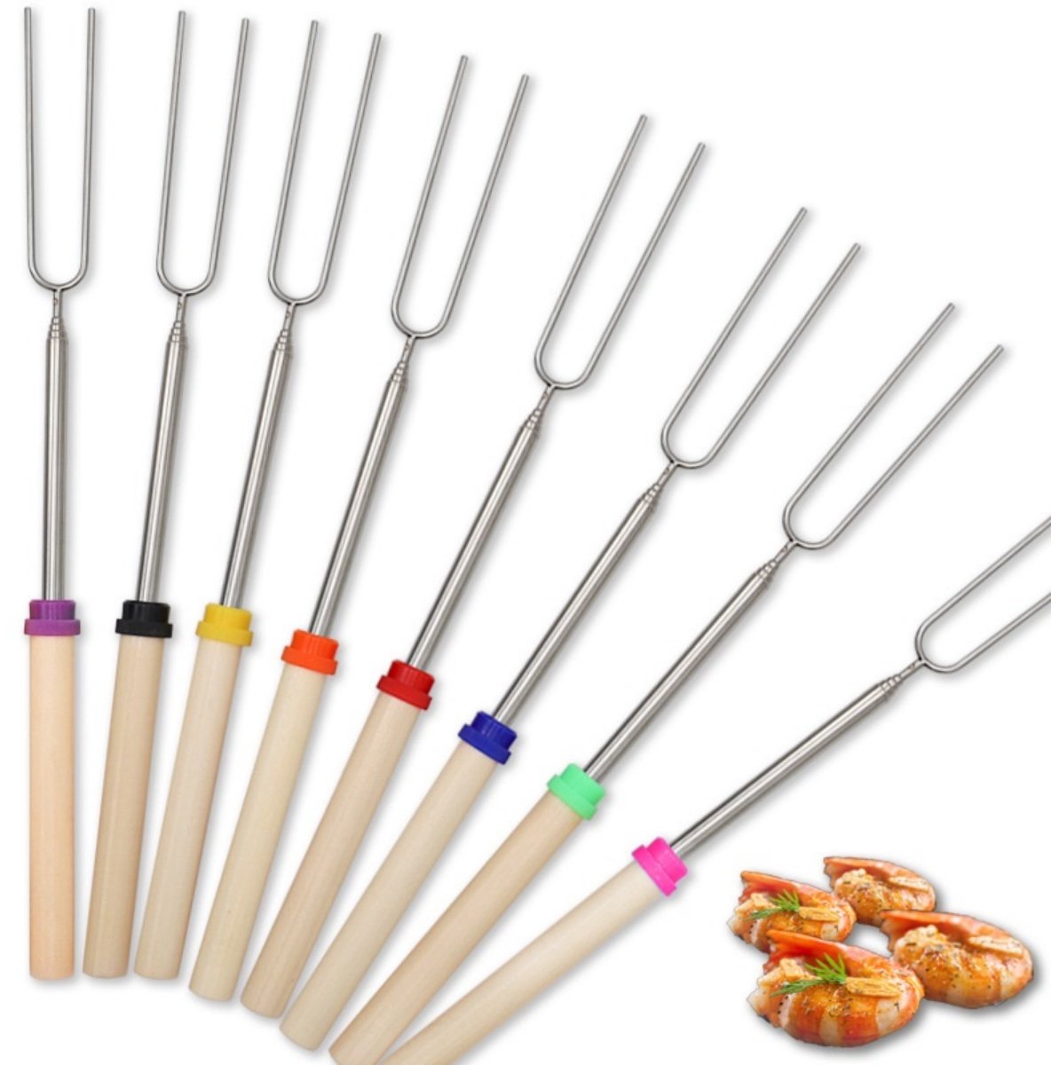 TOVBMUP Telescopische marshmallowspiesen - BBQ-spiesen - Kampvuurgrillvorken - RVS telescopische kampvuurspiesen van 31-81 cm - Met warmte-isolerende handgrepen - Geschikt voor kamperen, tuinfeesten en barbecues - 8 stuks