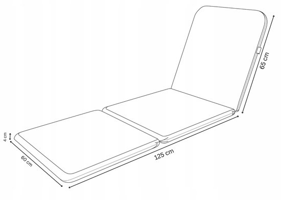 Schematische tekening van een donkergrijs ligbedkussen met afmetingen: 125 cm lengte, 65 cm rugleuning, 60 cm zitting.