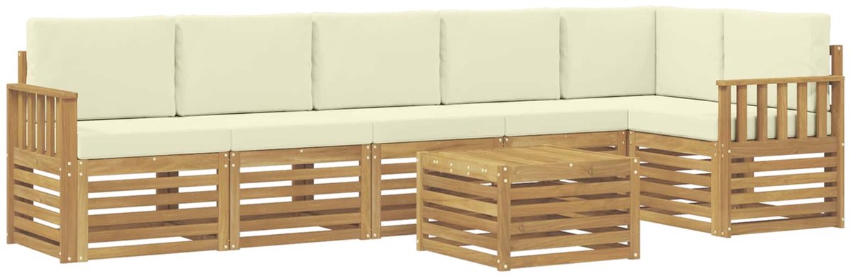 vidaXL Buiten - bank - set - 7 - st - 6-zits - Wit - en - crèmekleurig - Polyester Wit en crèmekleurig