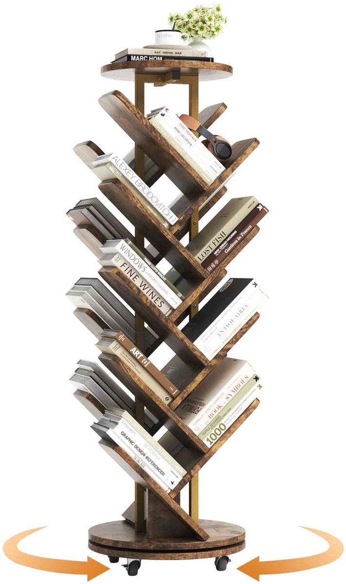 C. , R. E. CORE Boekenkast - Draaibare boekenkast - Boomvormige plankenkast - 360 graden rotatie - 40x40x127cm - Rustiek Bruin