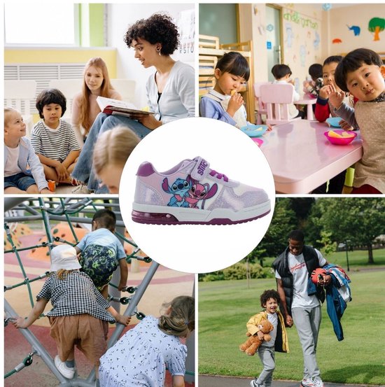 Collage van kinderen die de schoenen dragen in verschillende situaties: leren, spelen en met familie. Inclusief een afbeelding van de lichtpaarse sneakers.