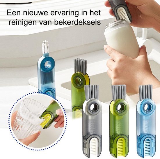 Set van 3 - U-vormige borstels voor bekerdeksels - Schoonmaakborstels - 3-in-1 - Het ultieme schoonmaakhulpmiddel - Kierborstel voor flessen - Diverse kleuren van Merkloos — afbeelding 2
