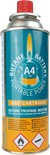 Gaspatroon met een label met de tekst "A4 TYPE PORTABLE POWER BUTANE GAS CARTRIDGE".