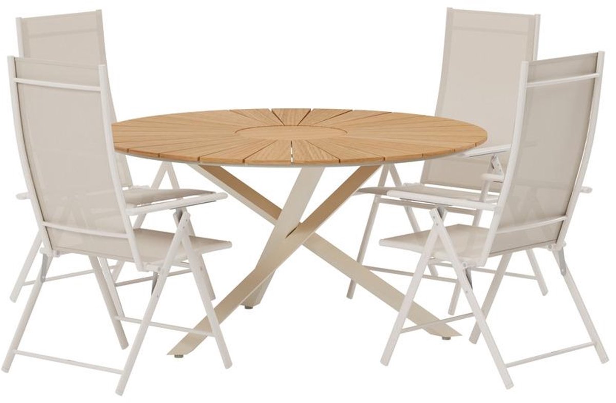 Svea - Kathrine ronde tuintafel - naturel + 4x Crystal tuinstoelen - beige