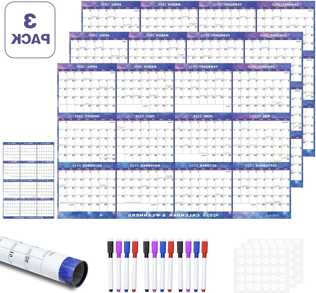 Wandkalender 2026 - Jaarplanner Jaarkalender - Planning Maken - Dubbelzijdig Omkeerbaar - 81 x 122 cm - Sterrenhemel