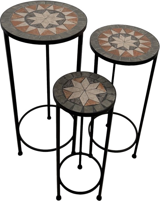 Ensemble de 3 tables d'appoint rondes avec plateau en mosaïque détaillé en forme d'étoile, en gris, marron et beige.
