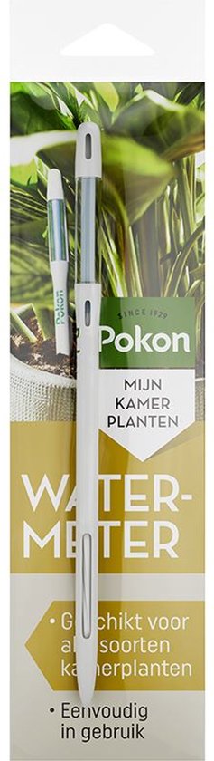 Een witte Pokon watermeter in verpakking met plantenafbeelding en tekst 'MIJN KAMER PLANTEN WATER METER'.