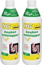 Twee flessen HG keuken ontstopper, 1L per stuk. Met illustratie van verstopte leiding.