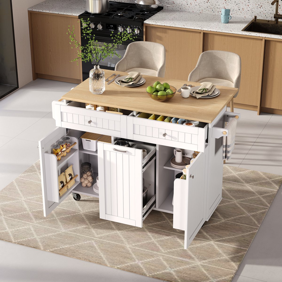 MIVRAY Keukeneiland - Uitschuifbaar Werkblad En Opbergruimte - Voor Keuken En Eethoek - MDF In Wit En Naturel - 140x40-70x92 Cm
