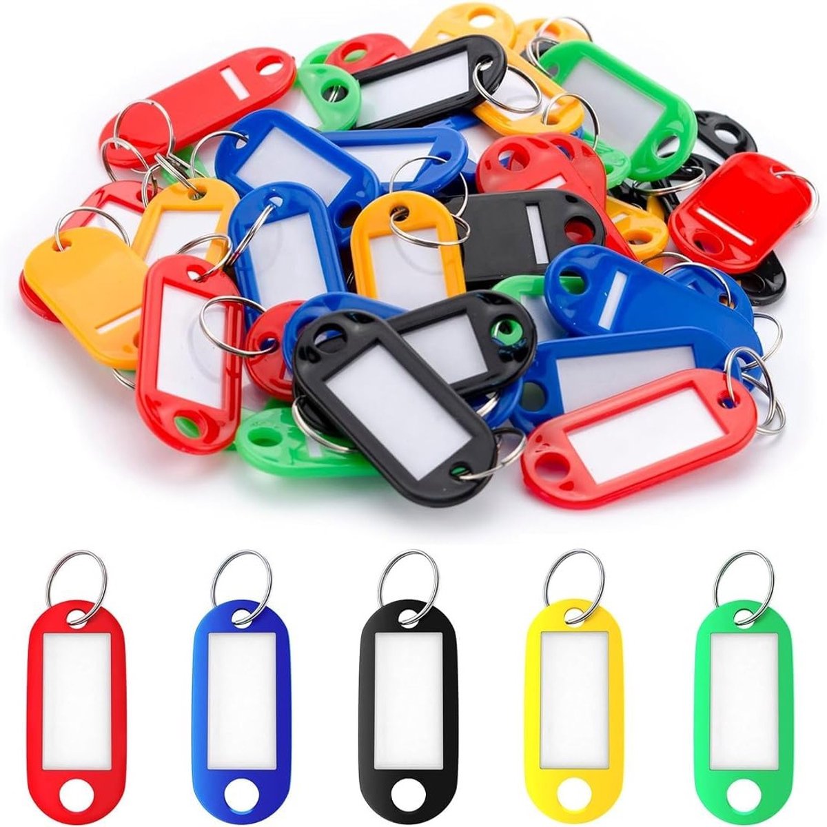 Robuuste set van 50 sleutelhangers met splitring en labelvenster in 5 kleuren, schrijfbaar en duurzaam