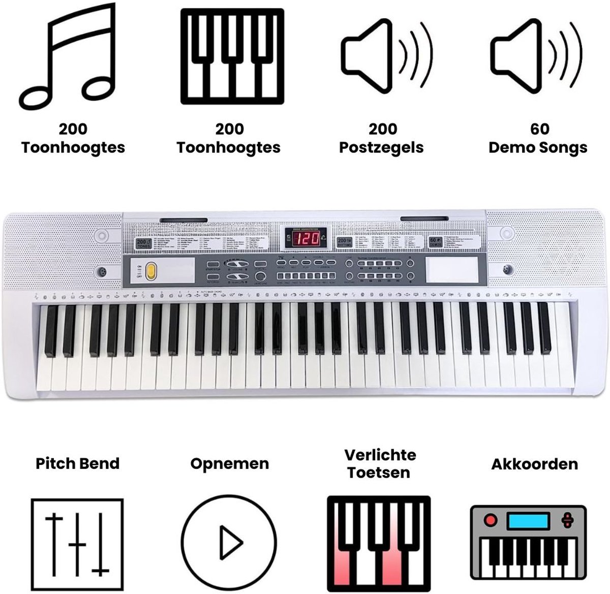 DnA® Elektrische Piano - Piano - Digitale Piano - Piano Keyboard - Piano Keyboard Kinderen - Wit - 21cm x 81cm x 21cm thumbnail 2