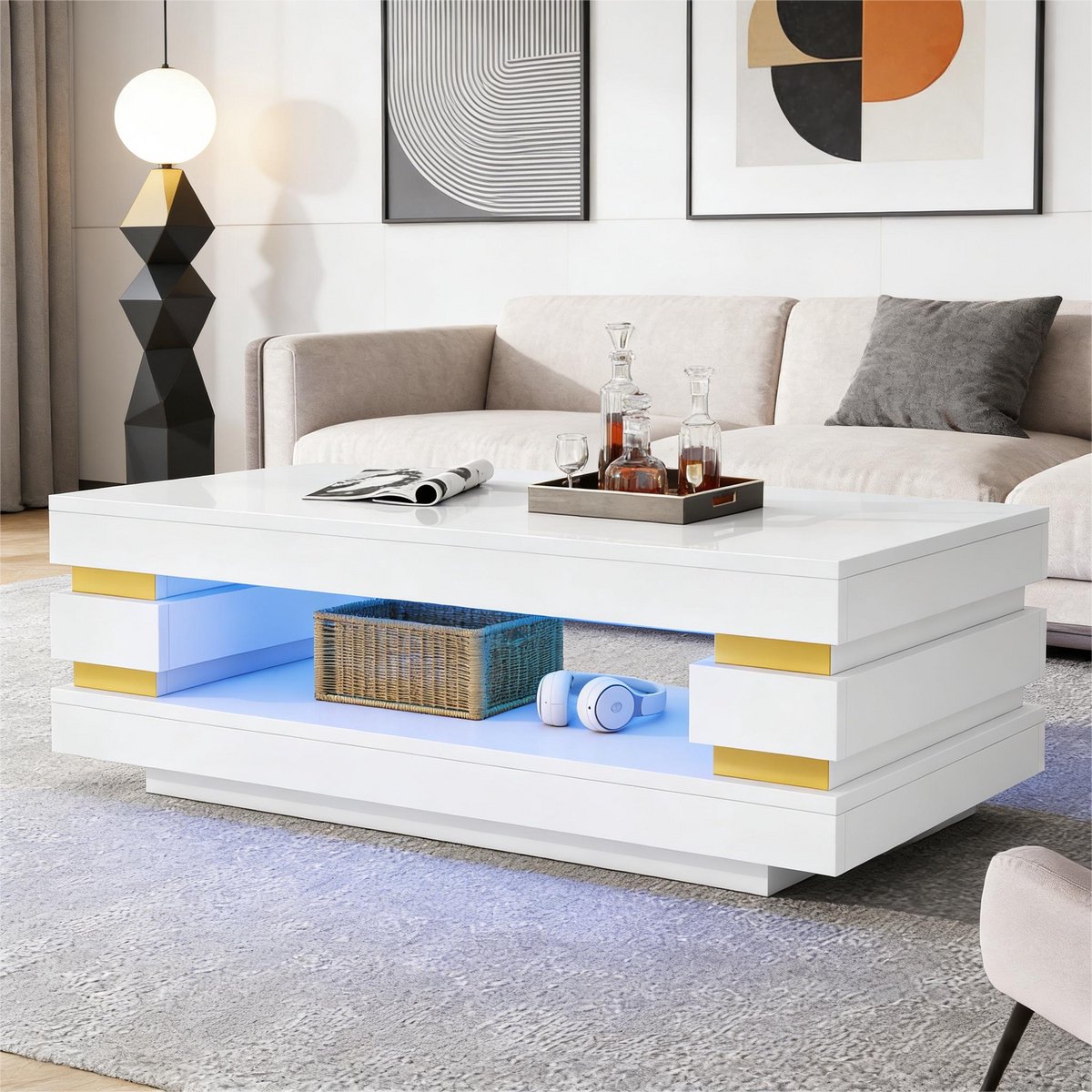 Wit Salontafel 100x50x35cm met LED Verlichting & Opbergruimte - Hoogglans