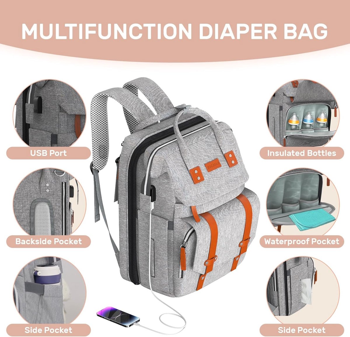 Luiertas Rugzak - Baby tas - Baby verzorgen - Met Luierstation - Groot formaat - Grijs – foto 6